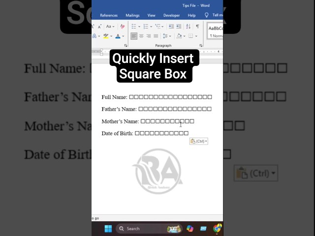 MS Word - Insert a Square Box