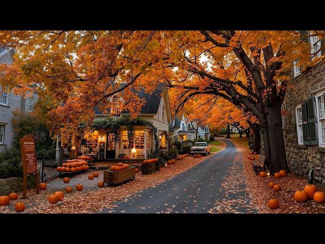 Where Pumpkins Line a Quiet Village Road 🍂 Warm Autumn Jazz Playlist at a Cozy Café for Slow Days ☕