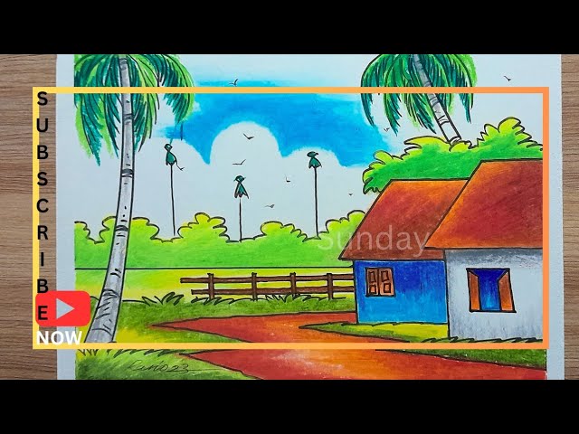 how to draw a village scenery drawing with oil pastel/landscape drawing/beautiful scenery drawing