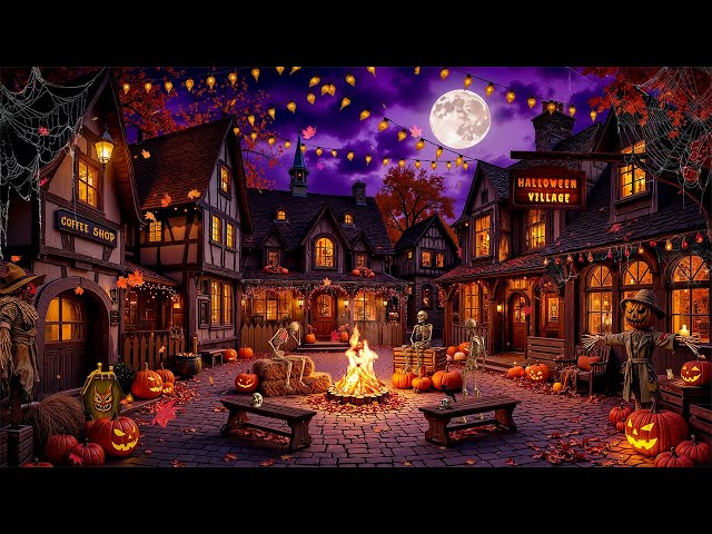 The Haunted Pumpkin Village 🎃🦇 Spooky Halloween Jazz Playlist & Crackling Fire for a Chilling Night