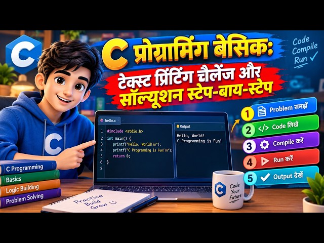 4.3) C प्रोग्रामिंग बेसिक: टेक्स्ट प्रिंटिंग चैलेंज और सॉल्यूशन स्टेप-बाय-बाय-स्टेप