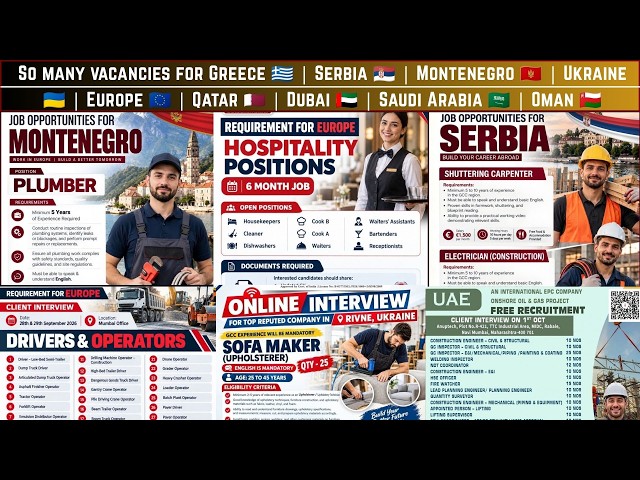 So many vacancies for Greece, Serbia, Montenegro, Ukraine, Europe, Qatar, Dubai, Saudi Arabia, Oman