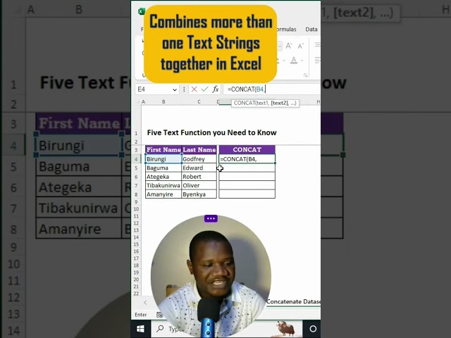 Using the CONCAT function in Excel