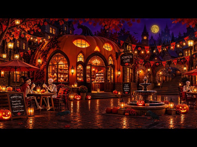 Spend Halloween Night at a Pumpkin Café 🎃🦇 Halloween Fall Jazz & Falling Leaves Under the Moon