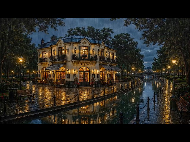 Gentle Rainy Jazz at a Cozy Canal-Side Café & Bookstore☕Smooth Jazz for Reading, Focus | Rain Sounds