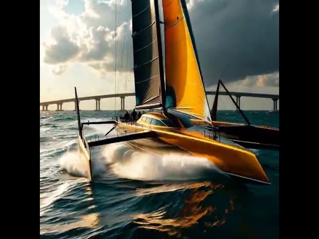 Trimaran dashing through the waves at breath taking speed