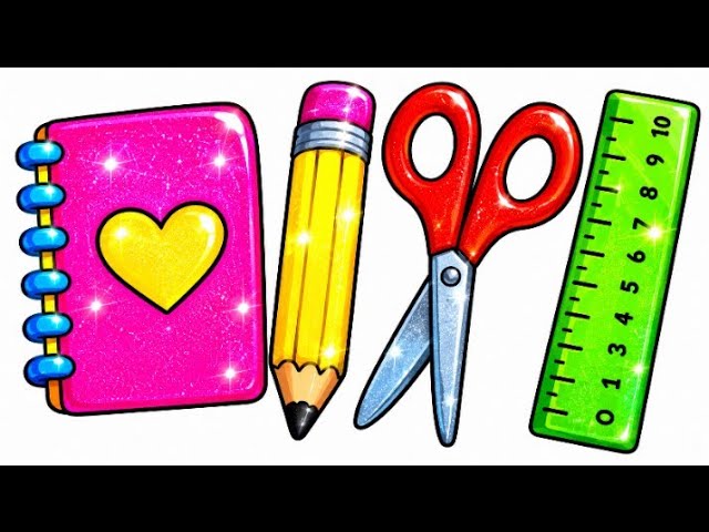 📒✏️✂️📏 School Supplies Picture Drawing, Painting, Coloring for Kids