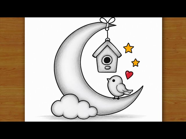 Easy Moon and Bird Drawing 🌙🐦 | Cute Bird House Drawing | Simple Pencil Sketch | drawing 