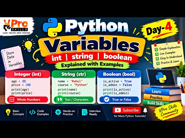 Day-4 | Python Variables Explained | Integer, String & Boolean Data Types