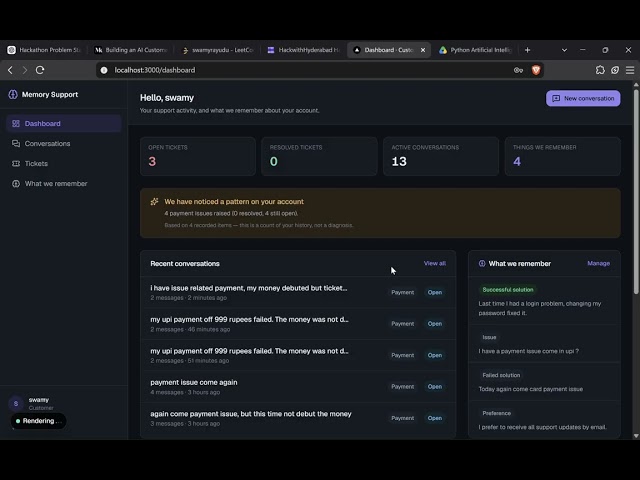 AI Customer Support Agent | Persistent Customer Memory | HackWithHyderabad 3.0