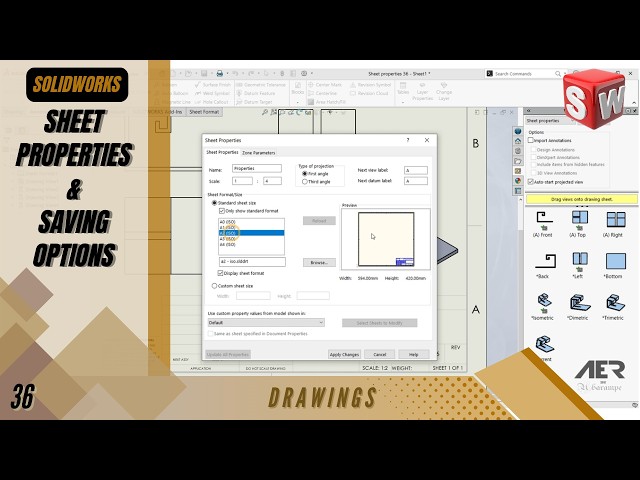 Sheet Properties & Saving Options | Drawing | Solidworks Tutorial | Stage #36 Eng - AER Int.