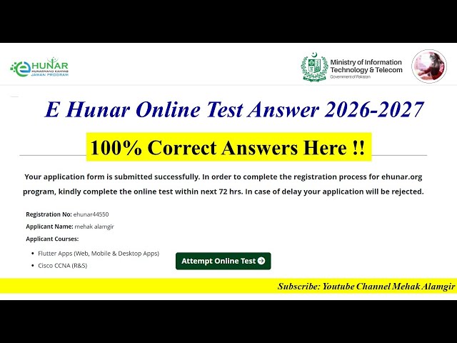 E Hunar Online Test Answer 2025 2026 | E-hunar entry test answers