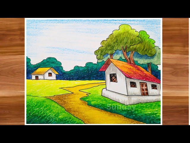how to draw a beautiful village side scenery drawing - গ্রামের দৃশ্য সিনারি ড্রয়িং pastel drawing