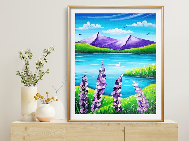 Easy Acrylic Painting Tutorial for Beginners | Beautiful Mountain Lake & Flowers