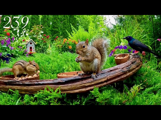 Cat TV: Squirrels, Chipmunks and Birds. Rainy Day in a Beautiful Garden. 4K. Episode 239