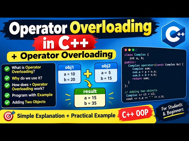 Lec 16: C++ Operator Overloading Explained | + Operator Overloading with Program & Example