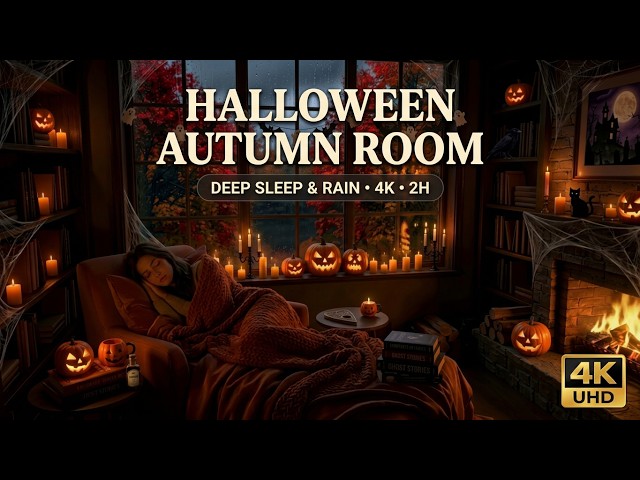 4K Cozy Halloween Rain & Fireplace Sleep 🎃 Spooky Autumn Room with Rain Sounds, Crackling Fire 2H