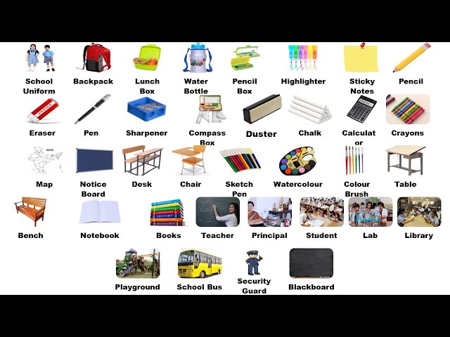 School Vocabulary Words ll School Objects With Pictures ll स्कूल में उपयोग होने वाली वस्तुएं ll