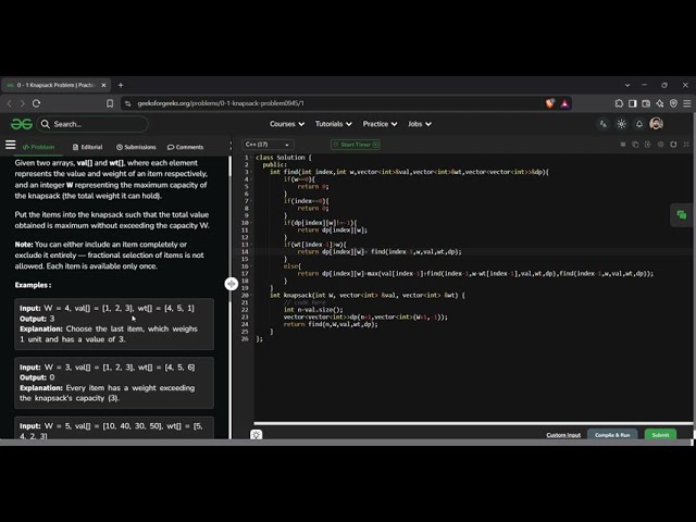 0-1 Knapsack Problem | GFG Solution in C++ | Dynamic Programming Explained
