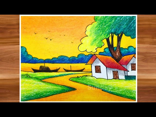 Riverside Sunset village scene drawing/Sunset drawing/সূর্যাস্তের গ্রামের দৃশ্য আঁকা ও রং করা