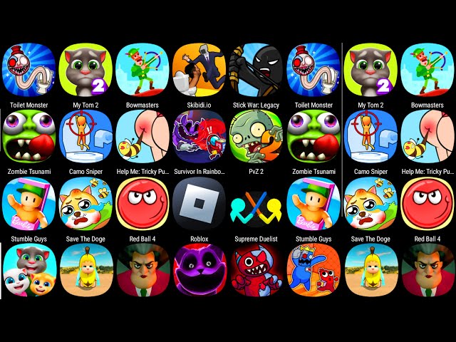 Red Ball 4,Poppy Playtime 3,Toilet Monster,Help Me Tricky Story,My Talking Tom 2,Banana Survival,PvZ