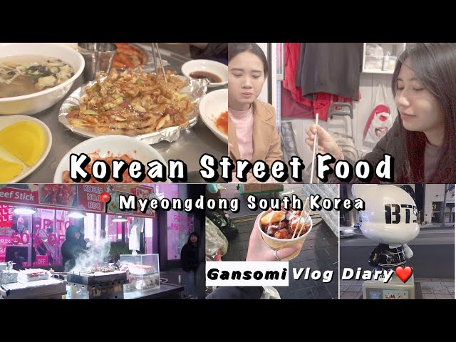 Trying Korean Street Food in Myeongdong Seoul South Korea | Night Market Winter Day (Gansomi Vlog)