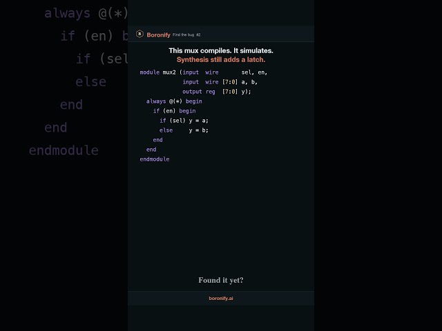 Find the bug: this mux compiles, but synthesis builds a latch #verilog #shorts