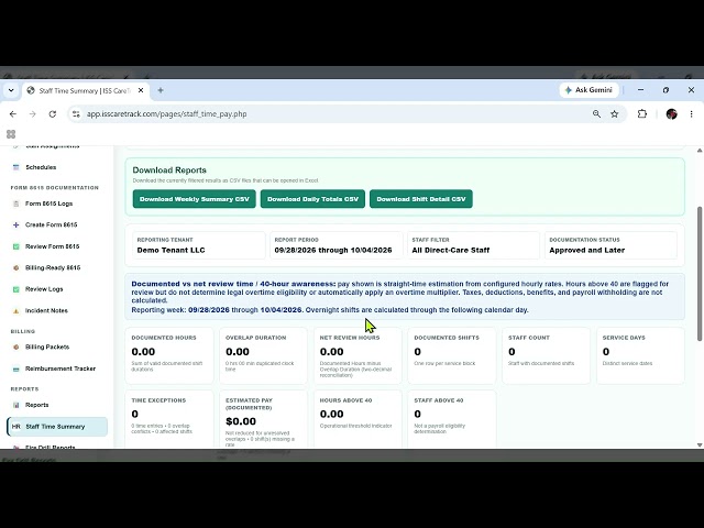 ISS CareTrack Tenant Administrator | How to Review Staff Time & Estimated Pay