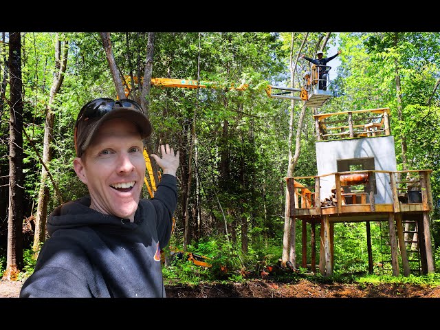 $100,000 Tree Bucket Lift Saves The Forest Cube! | Spring Snow, Building Deck for Log Cabin, Bonfire