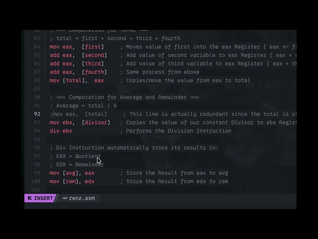 Assembly Language Program: Calculate the Average of Four Numbers with Remainder