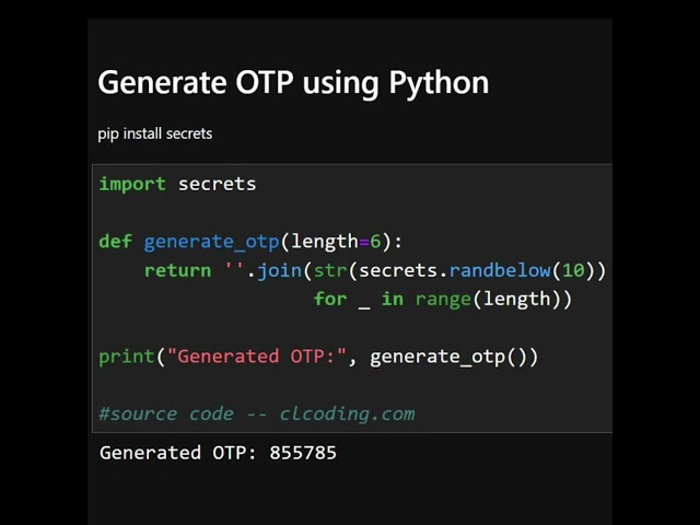 Generate OTP using Python #coding #pythonanddjangofullstackwebdeveloper #python