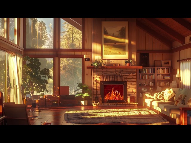 🌟 🏡 Serene Living Room Atmosphere with a Roaring Fire and Wintry Bliss