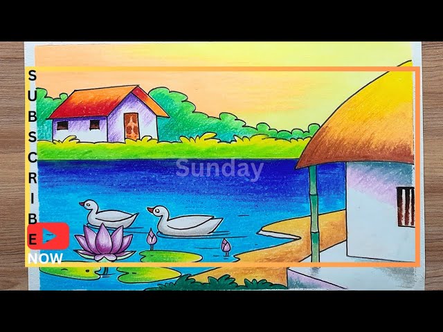 how to draw a beautiful village side scenery drawing - oil pastel গ্রামের দৃশ্য সিনারি ড্রয়িং