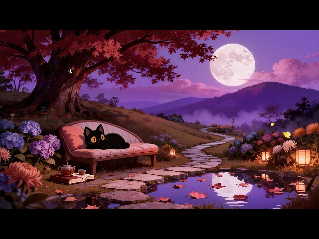 Dreamy Autumn Lake 🐈 Lofi Cat | Sleep & Relax Music [Moon Reflection & Peaceful Forest Ambience]