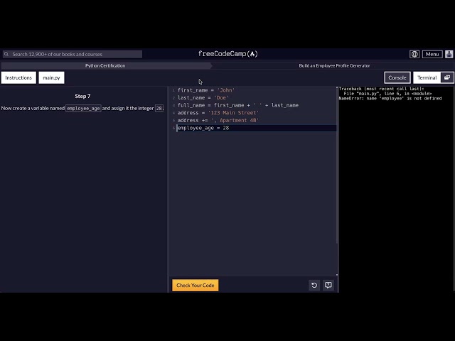 FreeCodeCamp - Python Project  - Step 7 of 18 - Employee Profile Generator