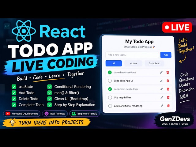 🚀 React Todo App LIVE Coding | useState, map(), filter(), Conditional Rendering | React JSBroadcast
