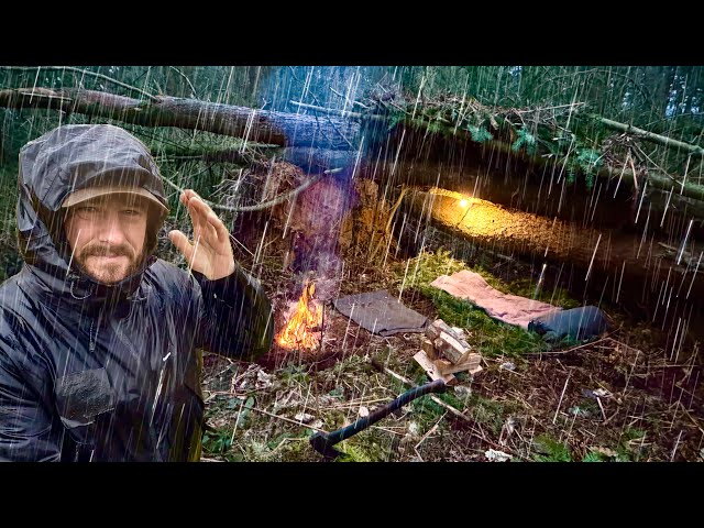 Building a Survival Shelter Under Fallen Trees | Solo Bushcraft Camp in the Winter Rain