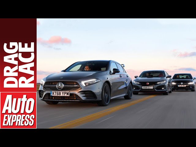 Mercedes-AMG A 35 vs Honda Civic Type R vs Volkswagen Golf R drag race - battle of the hot hatches