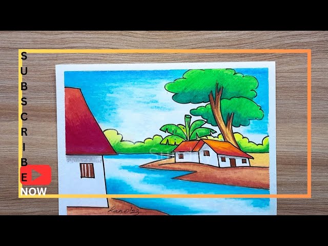 how to draw a village scenery drawing-most easy steps/landscape drawing/scenery drawing