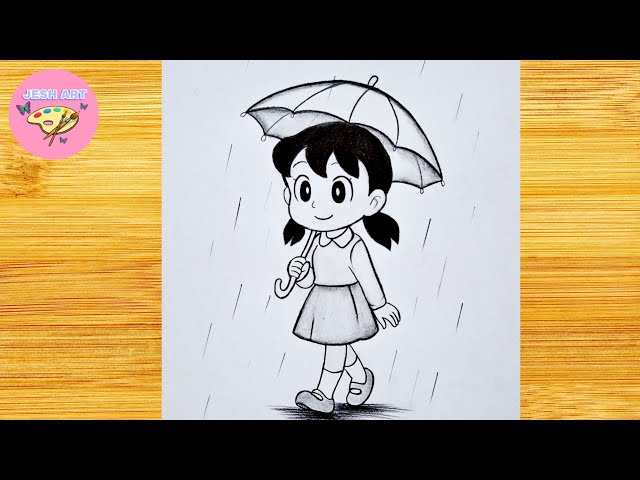 Shizuka Drawing with Umbrella 🌸☔ | Easy Girl Drawing Tutorial | Step by Step Drawing