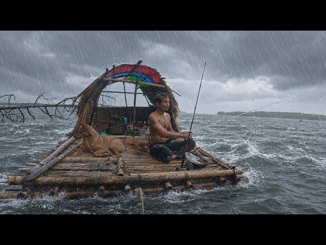 EXTREM SURVIVAL CAMPING IN HEAVY RAIN ON RAFT CATCH & COOK OUTDOOR WITH MY DOG (RELAXING 4K ASMR )