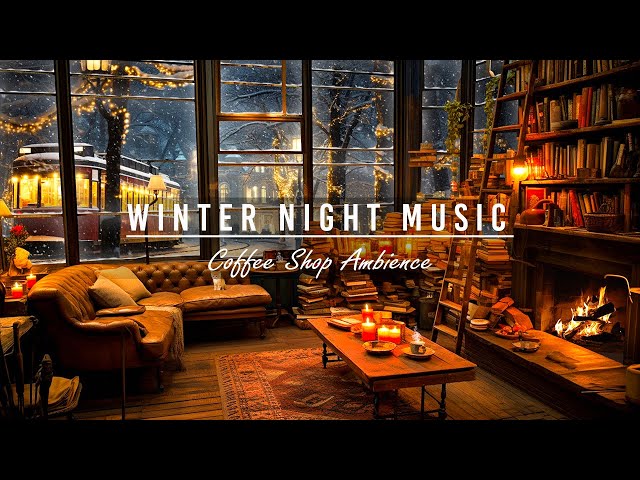 Snowy Street Night at Coffee Shop Ambience | Smooth Jazz Music & Snowflakes for Study, Relax, Sleep