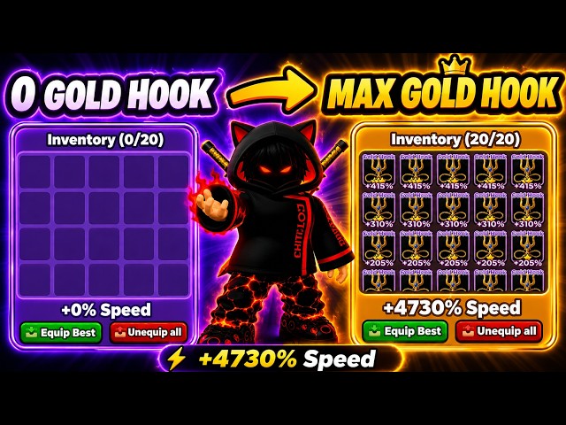 0 to max rare golden hook inventory & completing world 1, 2 & 3 😱 +1 speed keyboard escape | Roblox