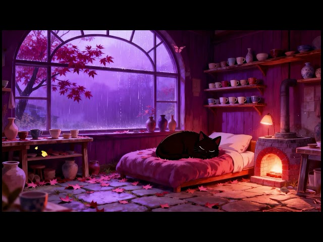 Autumn Rain Cabin 🍂 Lofi Cat | Relaxing Lofi Beats [Sleeping Cat & Fireplace Ambience]