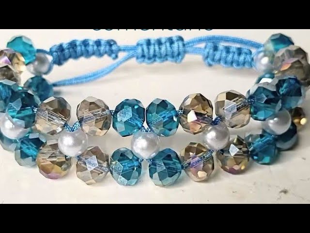 Thread bracelet with pearls and crystals #jewelrymaking #tutorial #macrame