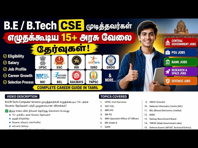 15+ Government Jobs for B.E./B.Tech Computer Science Graduates | Tamil