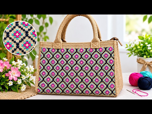 Beautiful Cross Stitch Embroidery on Jute Bag | Easy Flower Design | DIY Jute Purse Bag 