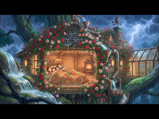 A Stormy Night in a Safe Forest Treehouse | Warm Fire Inside | Ghibli Style Video
