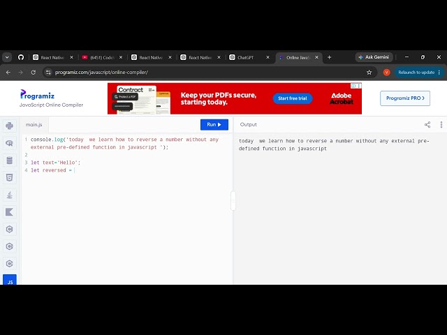 Reverse a String in JavaScript Without Using Predefined function | #javascript