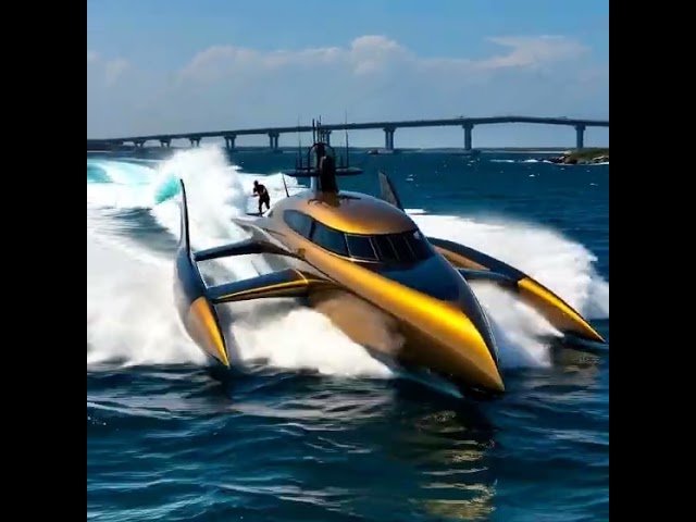 Trimaran speeding the inlet with Surf Glider behind Yacht